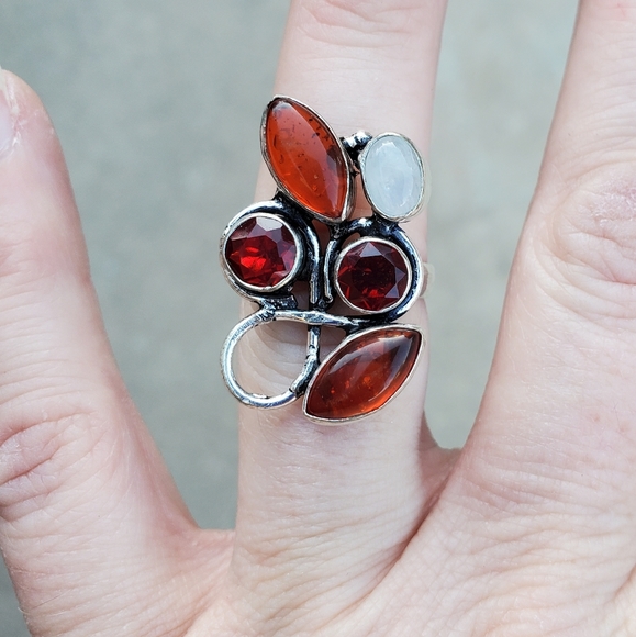 New Amber, Garnet & Rainbow Moonstone 925 Silver Ring. - Picture 8 of 16